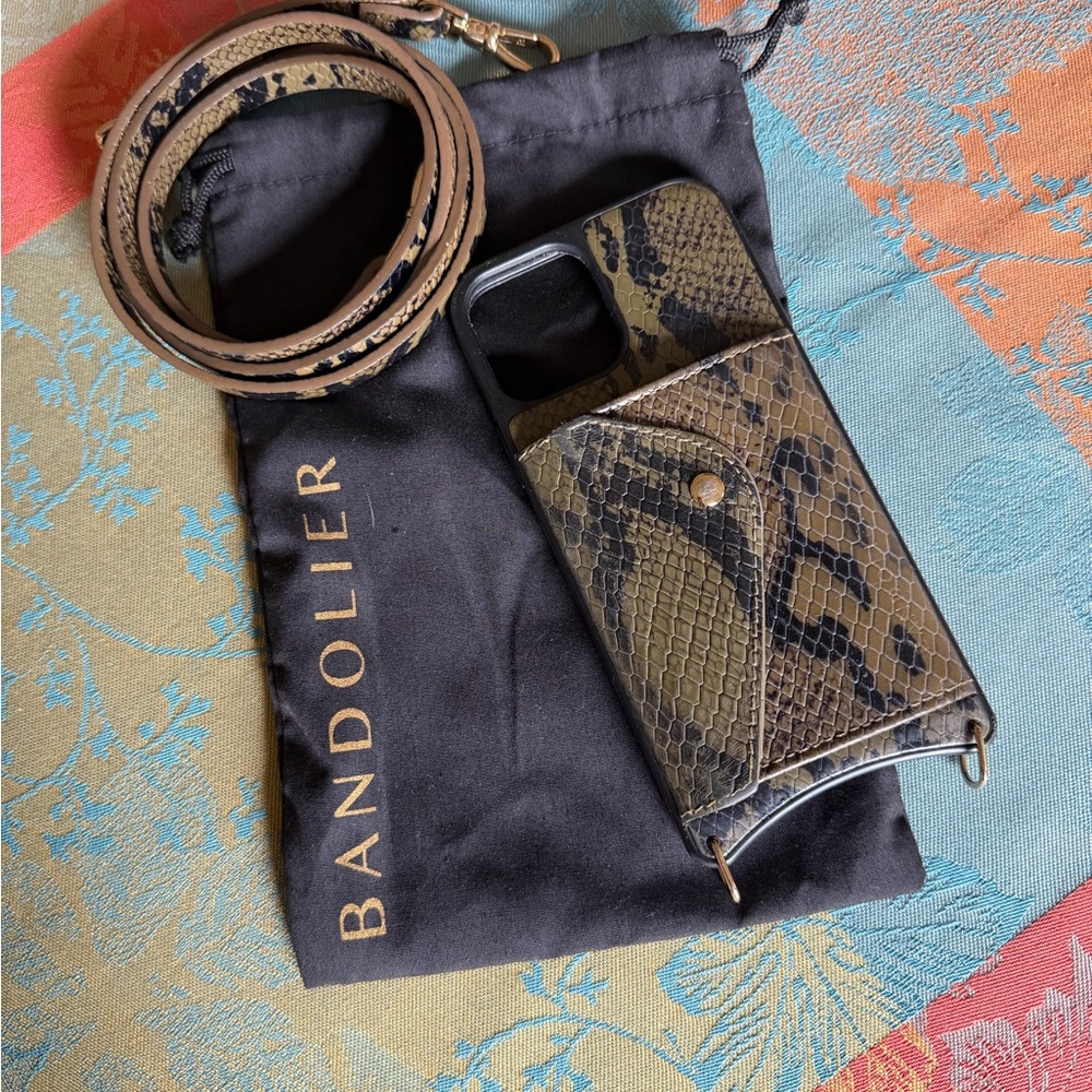 Bandolier Snake Embossed Leather Crossbody Phone Case - Olive/Tan